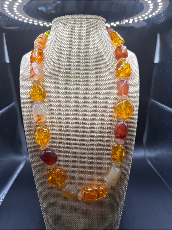Jewelry - Vintage Amber Tone Crackle Glass & Carnelian Agate Statement Bead Necklace